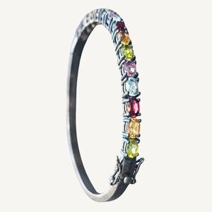 Sterling Silver Natural Gemstones Bangle Bracelet - Vintage Women Jewelry